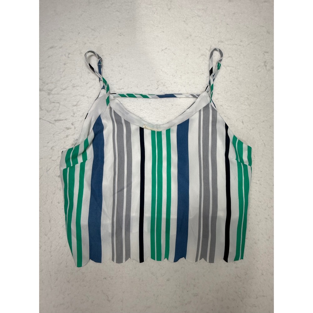 Le Lis Womens Large Striped Scallop Hem Cami Top V-Neck Green Blue White L
